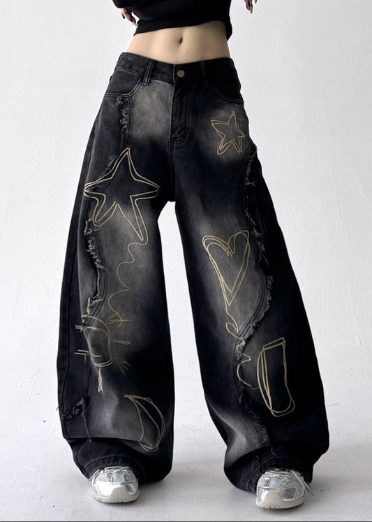 Digna Print Fringe Jeans In Black