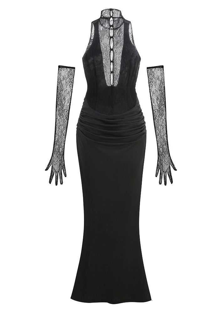 Jemma Cowl Neck Ruch Lace Maxi Dress In Black