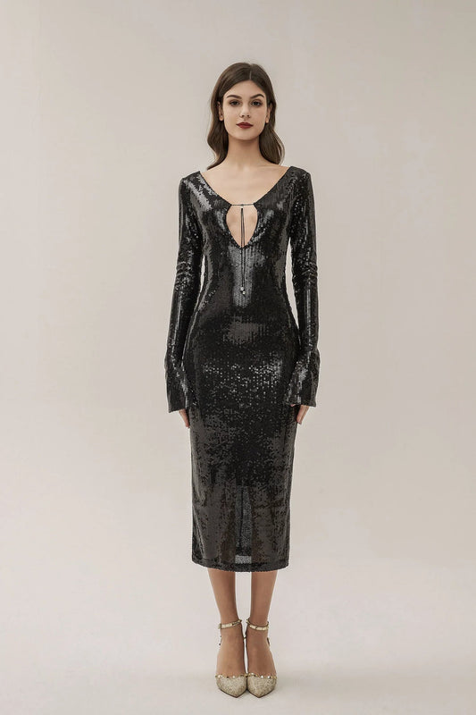 Kestrel Long Sleeve Sequin Backless Midi Dress In Black