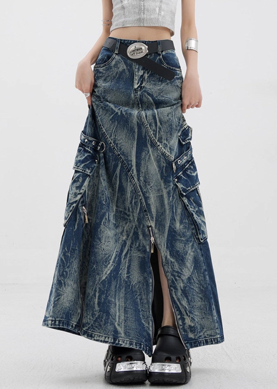Daniyal Asymmetric Zipper Denim Maxi Skirt