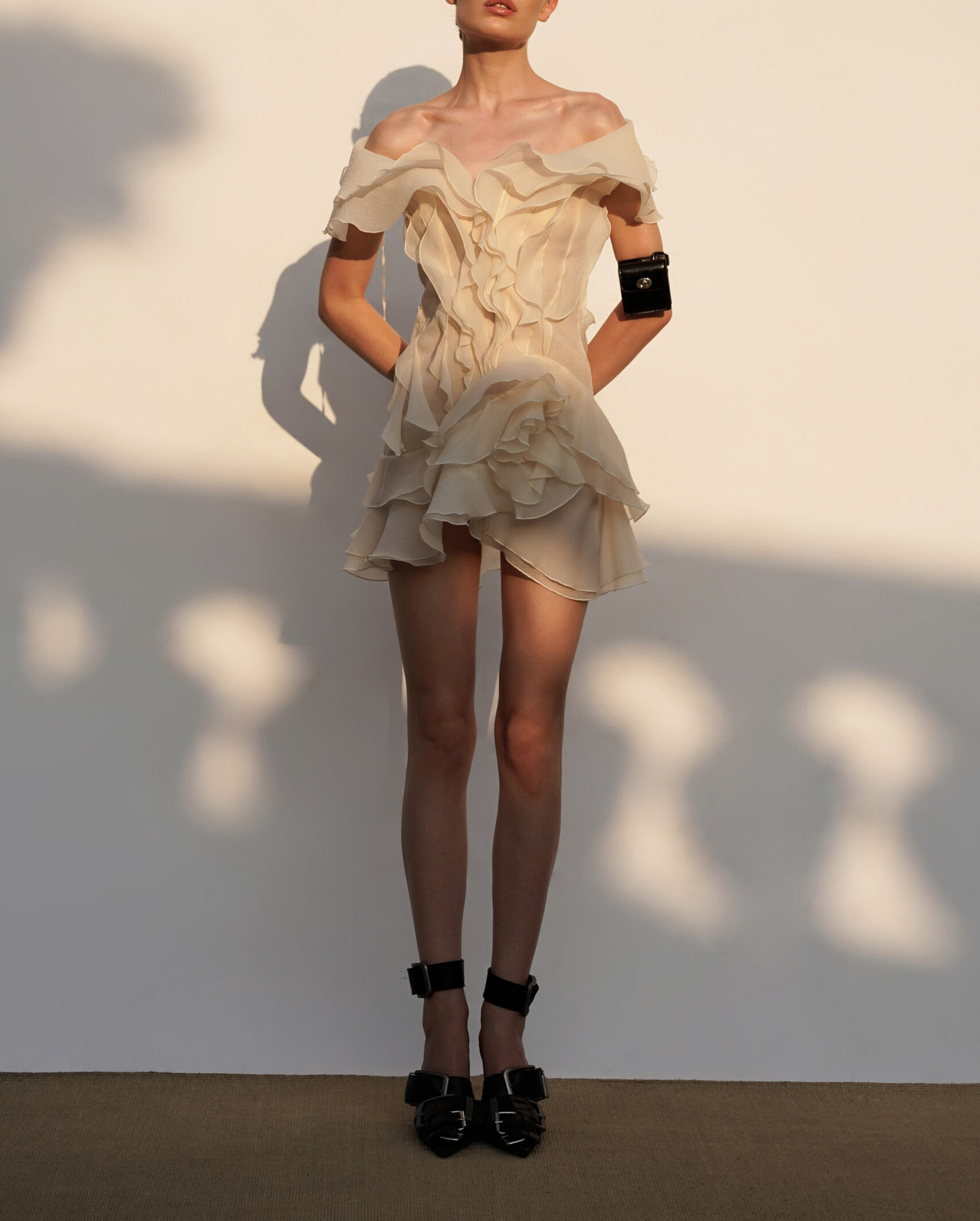 Regan V Neck Ruffle Asymmetric Mini Dress In Apricot