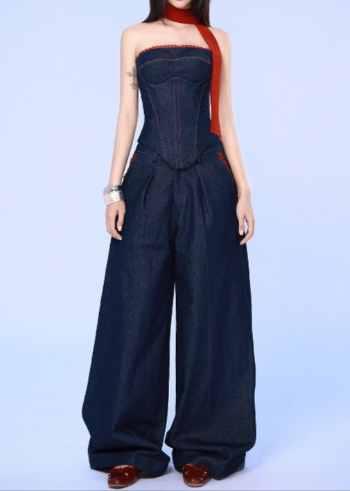 Ambrogio Strapless Lace Up Denim Set