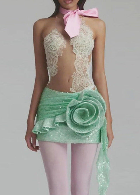 Dzvezda Mesh Sequin Flower Mini Dress