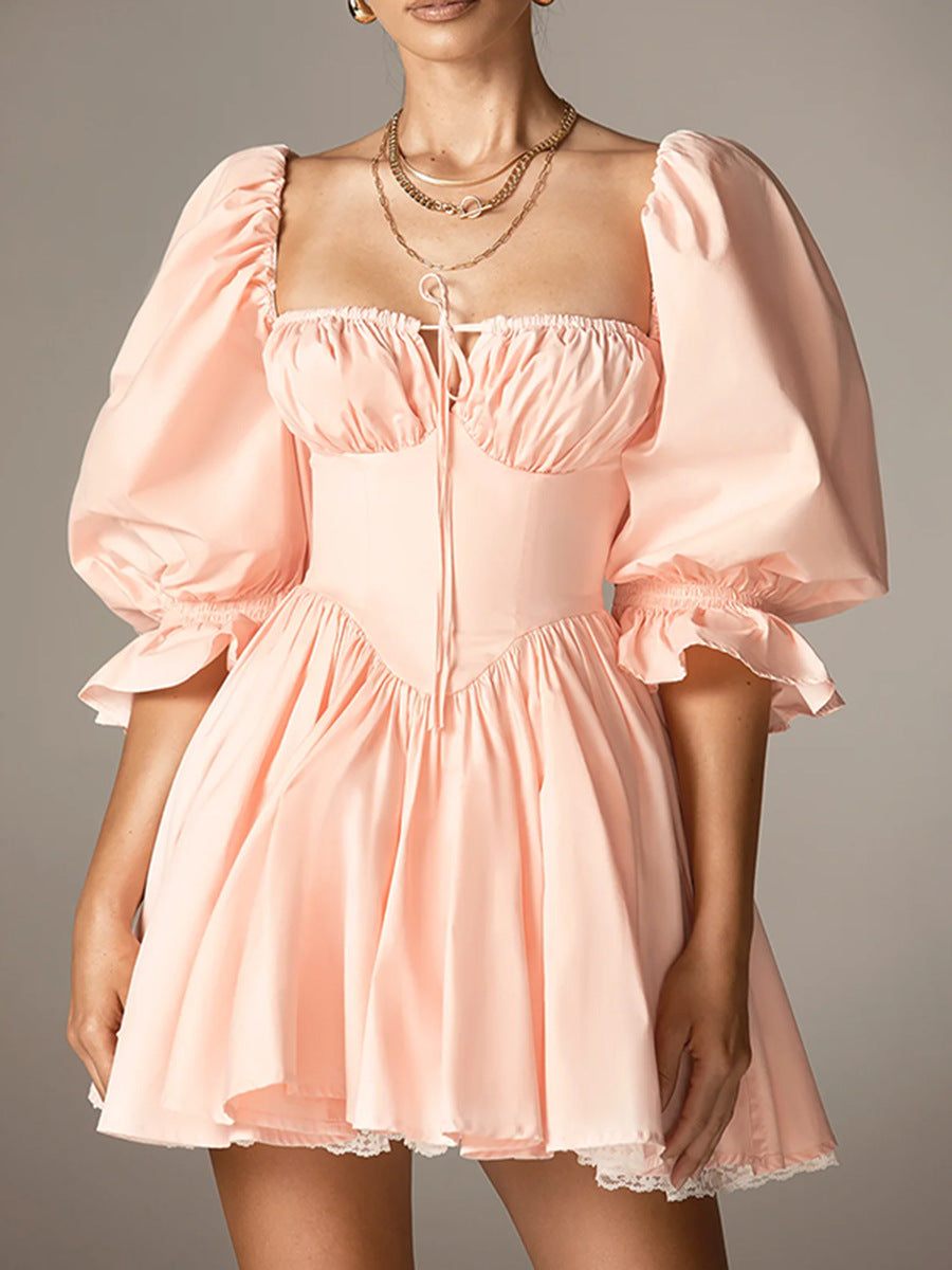 Aegle Lace Up Ruch Ruffle Mini Dress