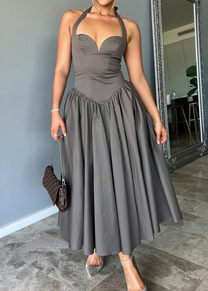 Anuj Halter Neck Bodycon Ruffle Maxi Dress In Grey