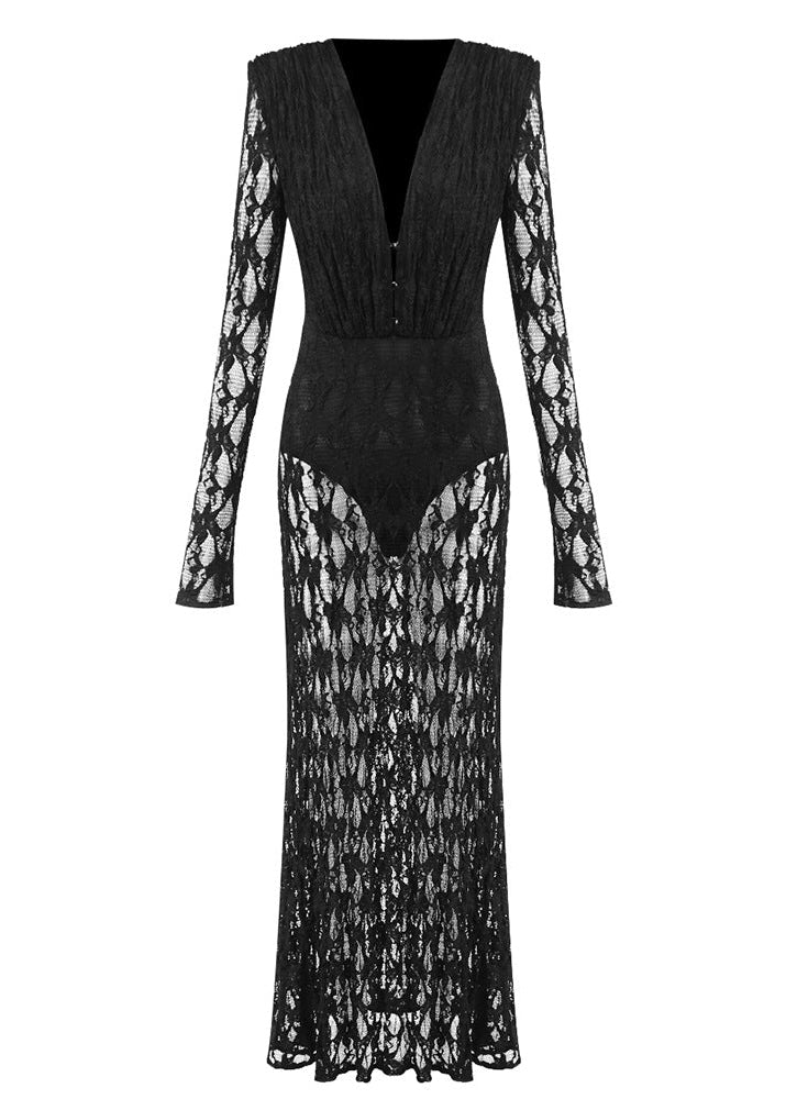 Herminia Lace Long-Sleeved Maxi Dress In Black