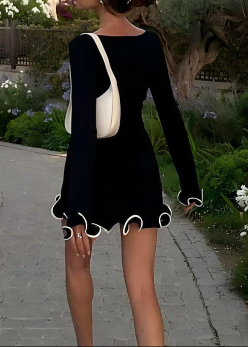 Anavrin Asymmetric Wavy Long Sleeve Mini Dress In Black