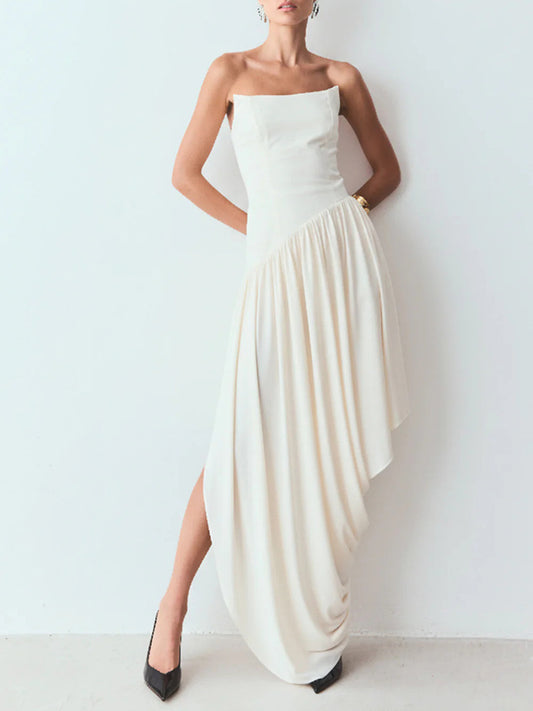 Deniz Strapless Asymmetric Draped Maxi Dress In White