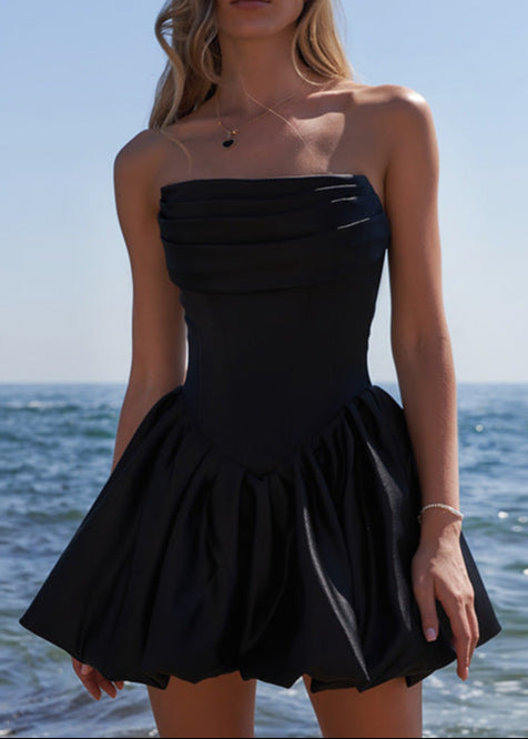 Anfisa Strapless Ruch Ruffle Satin Mini Dress In Black