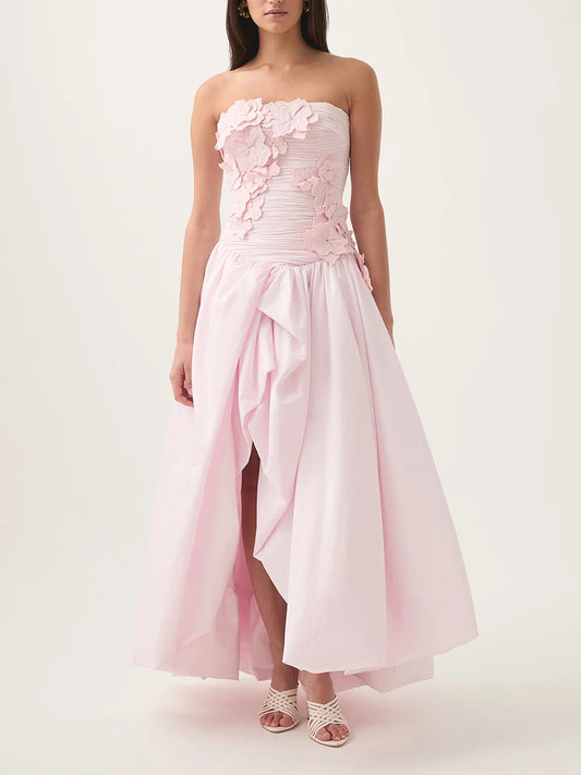 Embla Strapless Flower Ruch Puffy Maxi Dress In Green