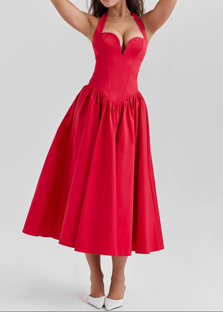 Anuj Halter Neck Bodycon Ruffle Maxi Dress In Red