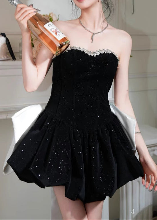 Zaal Rhinestone Bow Sequin Strapless Mini Dress