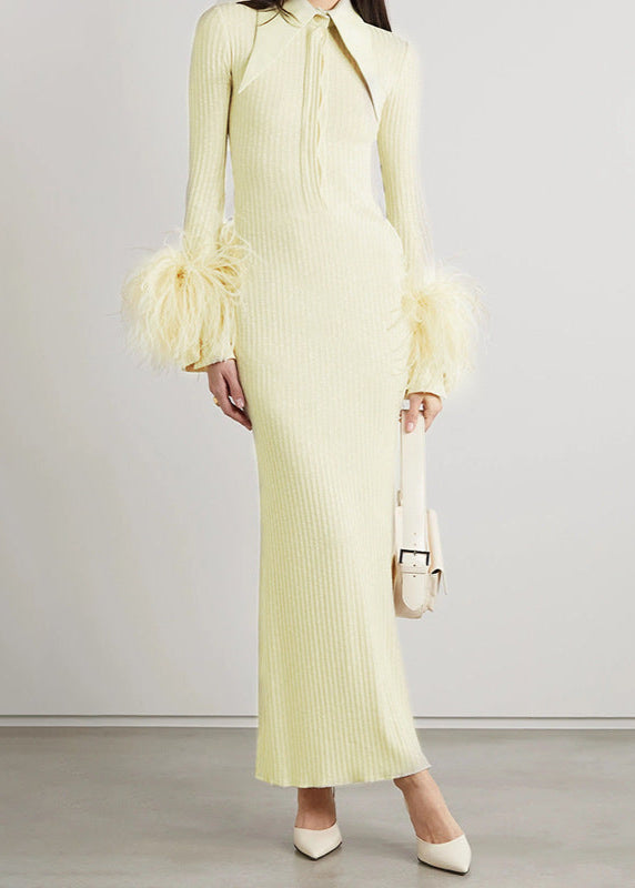 Almanzo Lapel Feather  Knit Maxi Dress