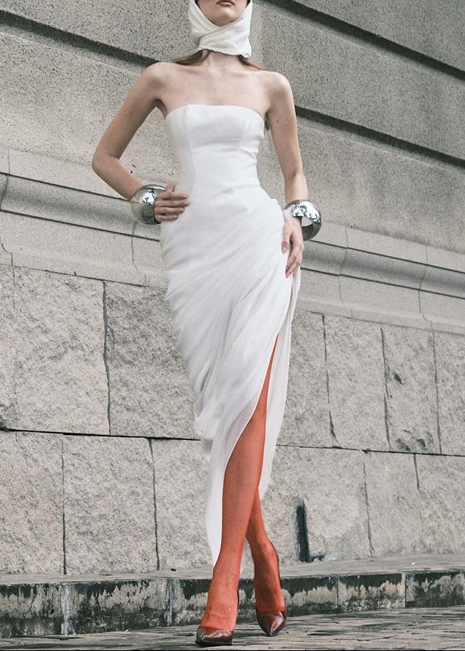 Dimka Strapless Ruch High Split Maxi Dress