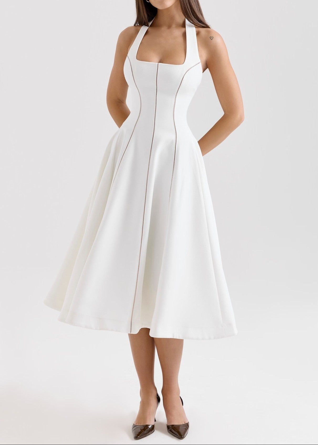 Begum Halter Neck Stripe Ruffle Midi Dress