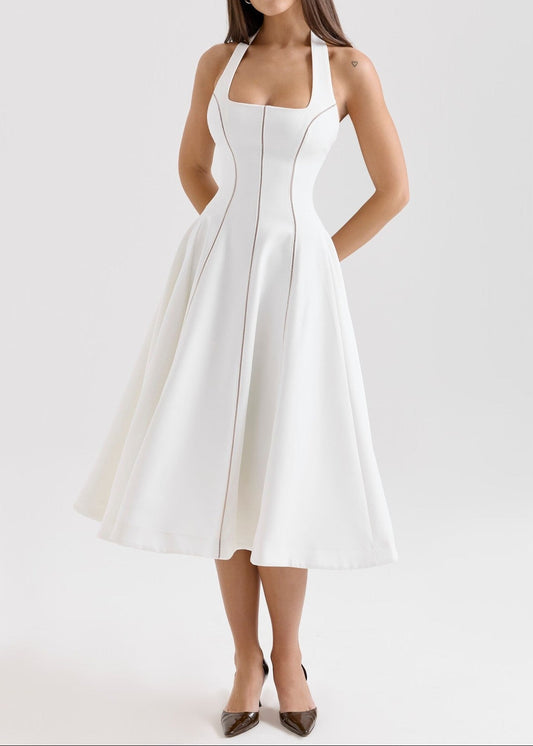 Begum Halter Neck Stripe Ruffle Midi Dress