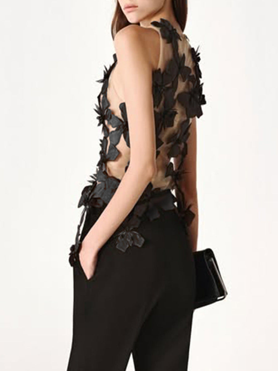 Carnie Flower Cutout Sleeveless Top In Black