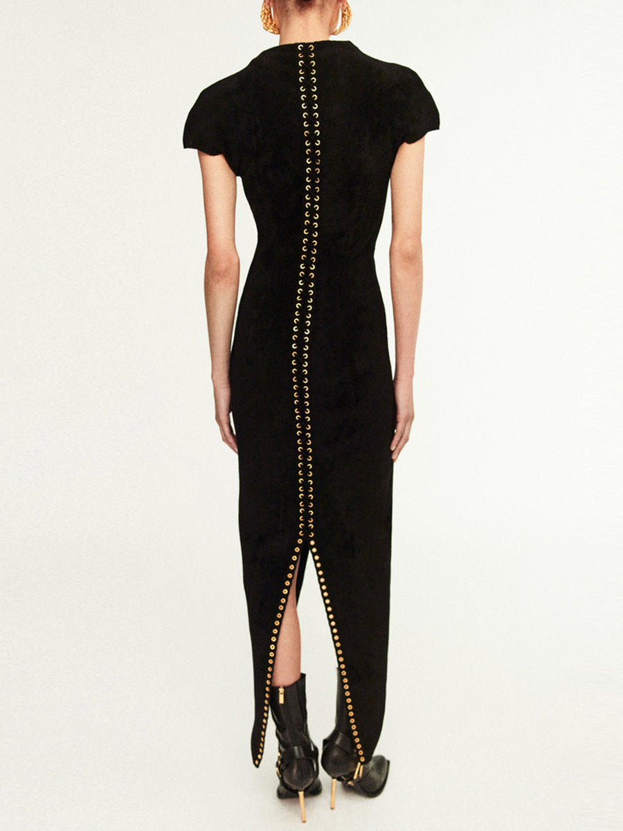 Faridoon Plunge Lace Up Midi Dress