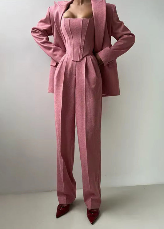 Amnon Lapel Strapless Three Piece Pants Set In Pink