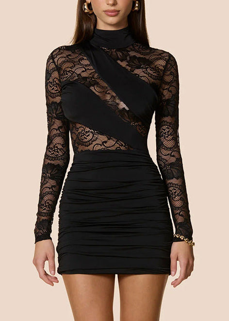 Dympna Lace Ruch Bodycon Mini Dress In Black