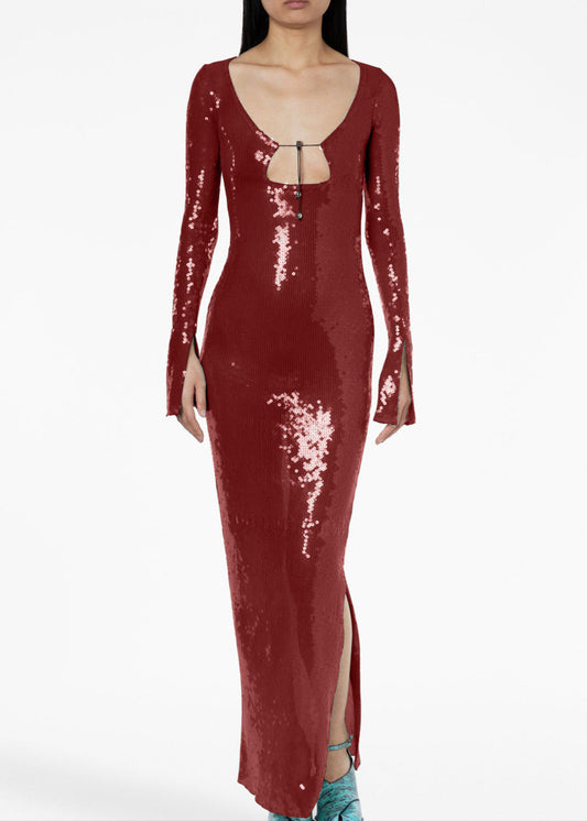 Kestrel Long Sleeve Sequin Backless Maxi Dress In Red