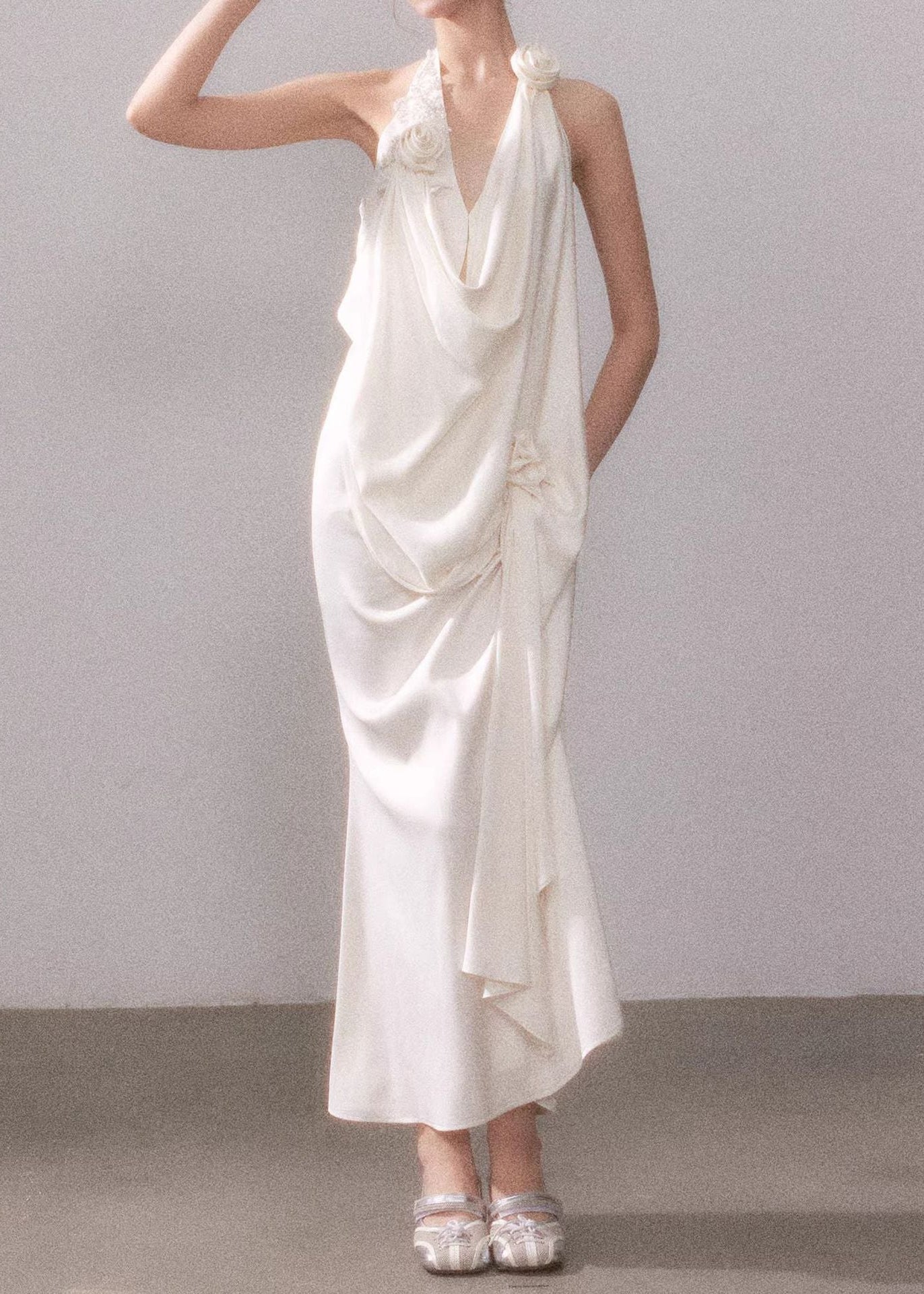 Biagino Cowl Neck Flower Backless Maxi Dress In White