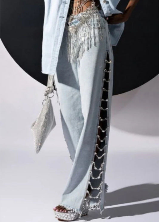 Anevay Rhinestone Chain Cutout Jeans