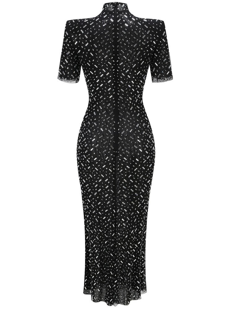 Caleigh Rhinestone Bodycon Short Sleeves Maxi Dress