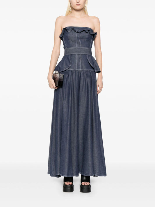 Jenta Ruffle Strapless Denim Maxi Dress