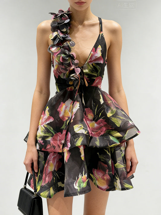 Fairuz Flower Asymmetric Ruffle Mini Dress In Black