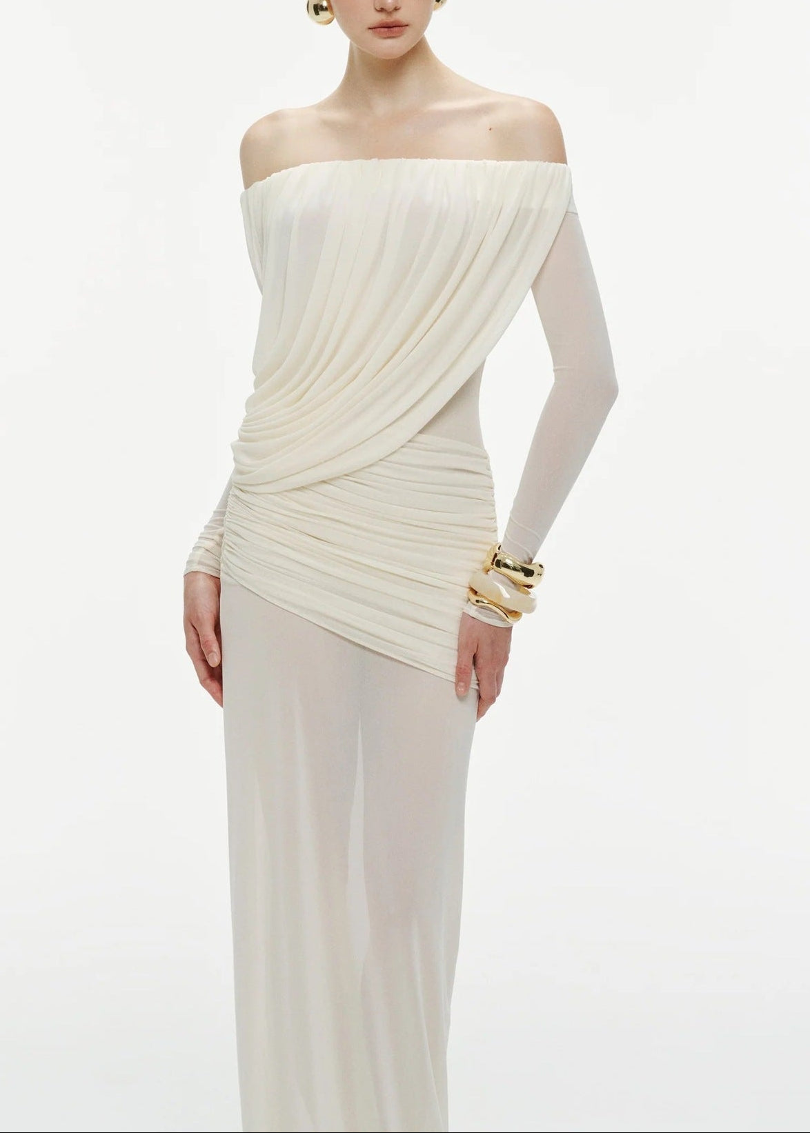 Fikri Off Shoulder Ruch Mesh Maxi Dress In White