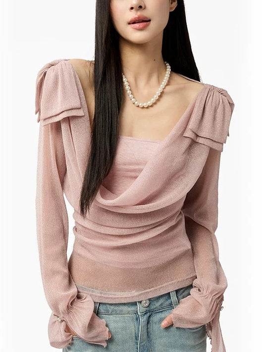 Deolinda Cowl Neck Glitter Ruch Top In Pink