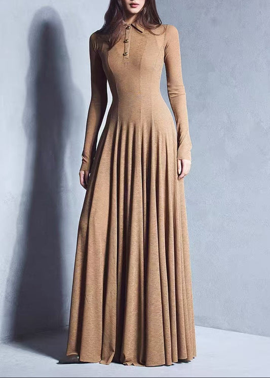 Dareios Long Sleeve Ruffle Knit Maxi Dress In Brown