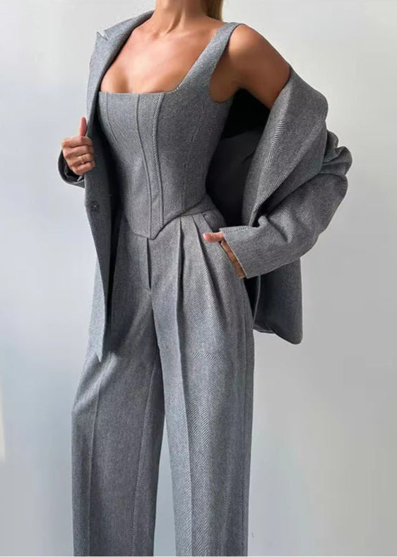 Amnon Lapel Strapless Three Piece Pants Set In Grey
