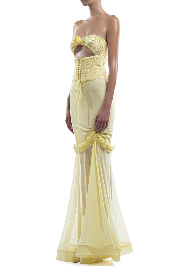 Blanche Cutout Mesh Corset Maxi Dress