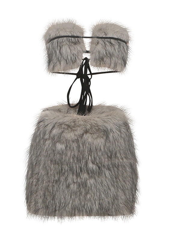 Donghyun Faux Fur Crop Skirt Set