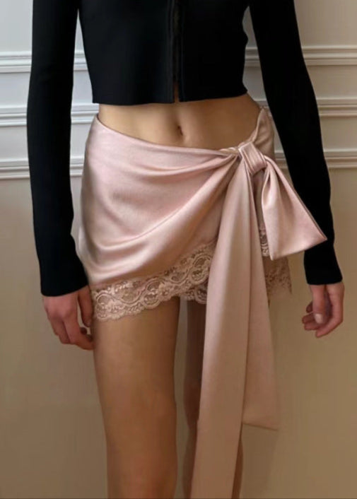 Antonina Lace Up Bow Satin Skirt In Pink
