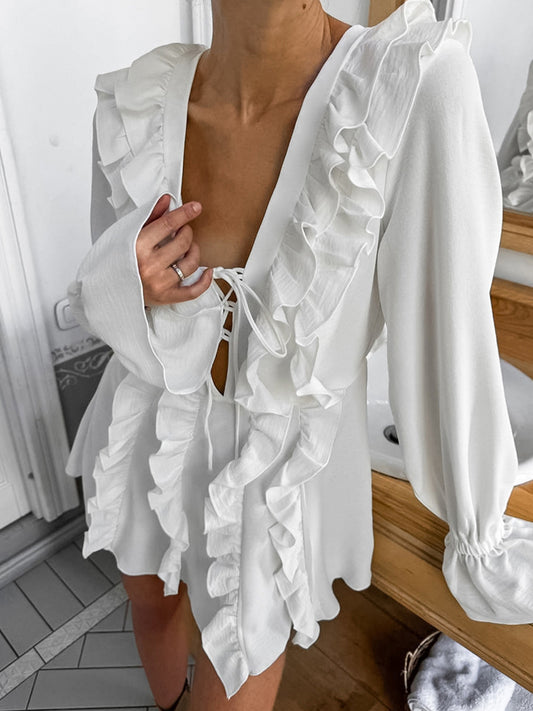 Anand Ruffle Lace Up Plunge Mini Dress