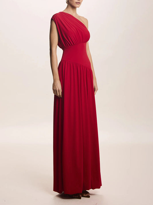 Drupada One Shoulder Ruch Maxi Dress In Red
