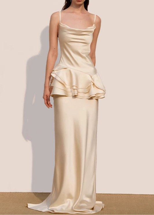 Boyka Cow Neck Ruffle Satin Maxi Dress