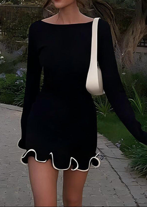 Anavrin Asymmetric Wavy Long Sleeve Mini Dress In Black