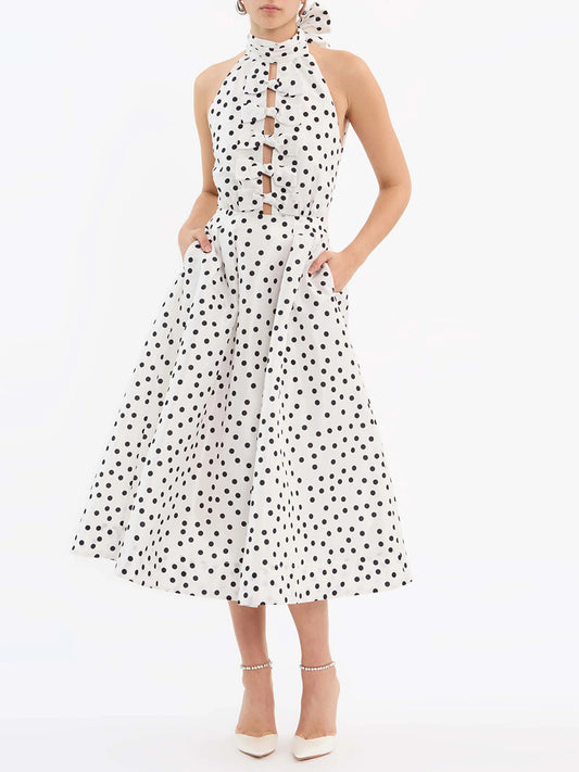 Bert Halter Neck Dot Bow Midi Dress