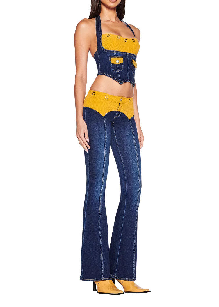 Cainnech Halter Neck Deconstruct Denim Pants Set