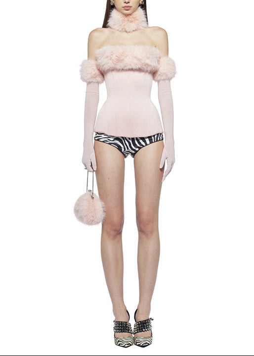 Djordje Strapless Faux Fur Top In Pink