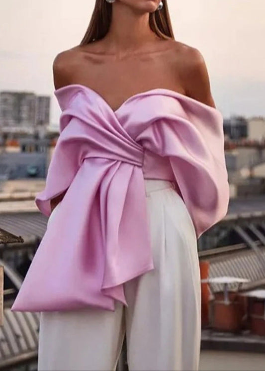 Ainsley Bow Cross Off Shoulder Satin Top