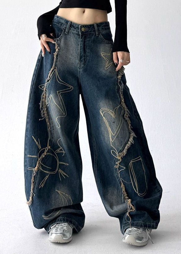 Digna Print Fringe Jeans In Blue