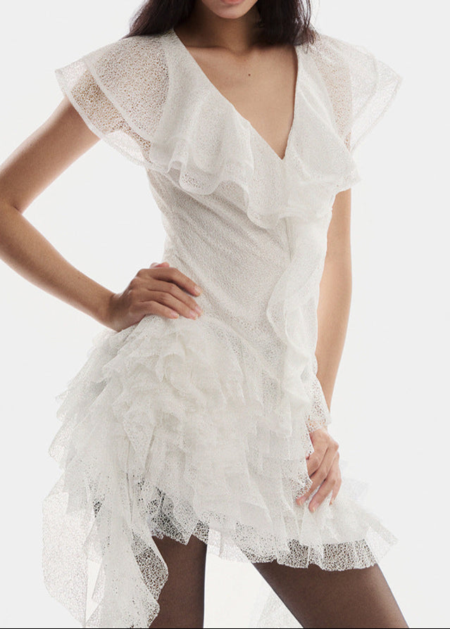 Antranig Ruffle Mesh Fringe Mini Dress