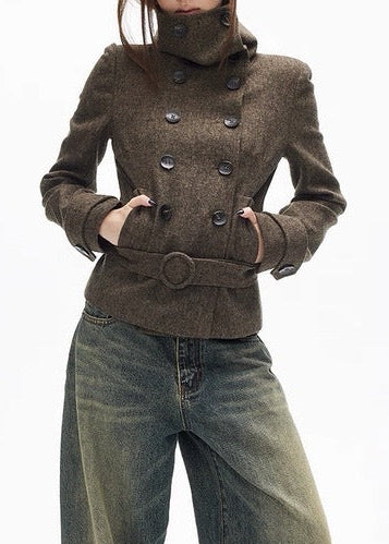 Djuro Funnel Neck Belt Jacket In Brown