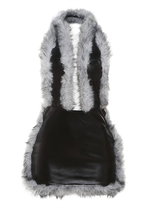 Bess Plunge Faux Fur Leather Mini Dress