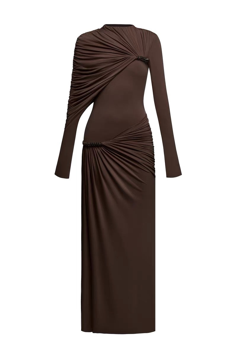 Driscoll Asymmetric Ruch Maxi Dress In Brown